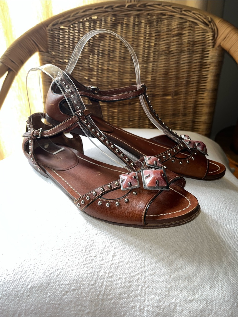 MIU MIU - leather, t-strap studded, jeweled sandals